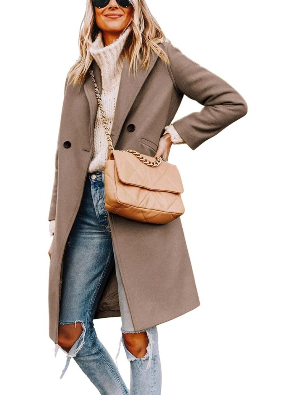 Women's Camel Long Sleeve Notch Lapel Double Breasted Winter Wool Pea Coat - Picture 1 of 6